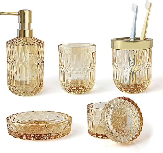 LaMarriti Clear Gold Bathroom Accessorries Set, 5Pcs Glass Bathroom Accessories, Lotion Soap Dispenser, Toothbrush Holder Set, Soap Dish, Tumbler, Qtips Holder for Bathroom Vanity Decor, Yellow Gold
