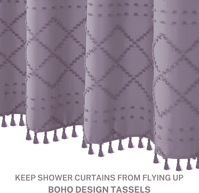 Extra Long Boho Shower Curtain with Tassels 72 x 90, Purple