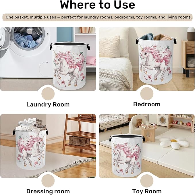 Unicorn Pink Foldable Canvas Laundry Basket with Handles - Toy Organizer, Heavy Duty for Home，Bedroom, Dorm, Bathroom