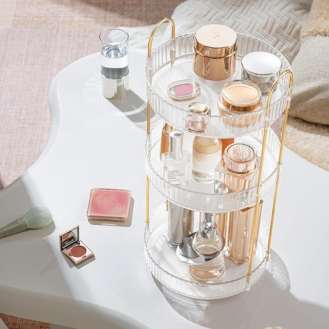 360-Degree Rotating Makeup Organizer, Cosmetic Storage Display Case for Bathroom Vanity Countertop, Skincare and Perfume Storage Organizers, Jewelry Dresser Organizer, 3-Tier, Clear