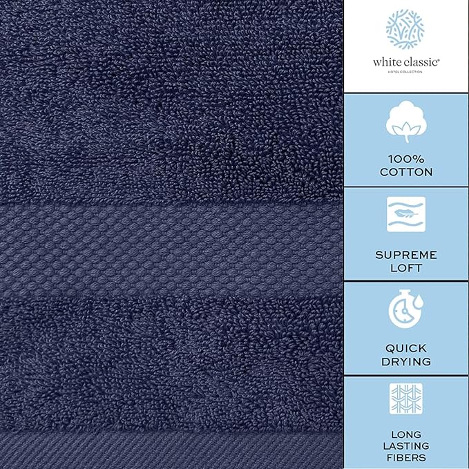 White Classic Luxury Navy Blue Hand Towels - Soft 100% Turkish Cotton | Highly Absorbent Hotel spa Bathroom Towel Collection | 16x30 Inch | Set of 6