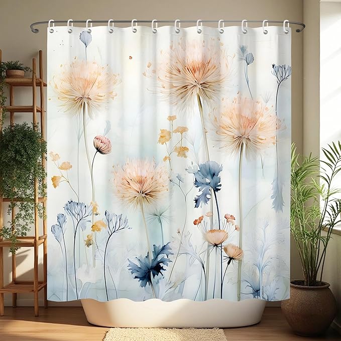 Watercolor Floral Shower Curtains with Dandelion Decor,Botanical Wildflower Shower Curtain 72x72 Inch,Light Blue and Pink Flower Waterproof Polyester Bath Accessories for Home and Apartment