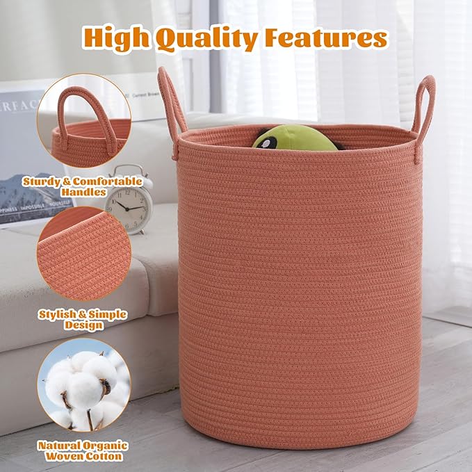 Woven Basket Nursery Laundry Hamper with Handles, Clothes Storage Organizer, Woven Basket for Boy Room Decor, Toy & Blanket Storage Bin, 15x15x18 Inch,Coral Pink,1pc