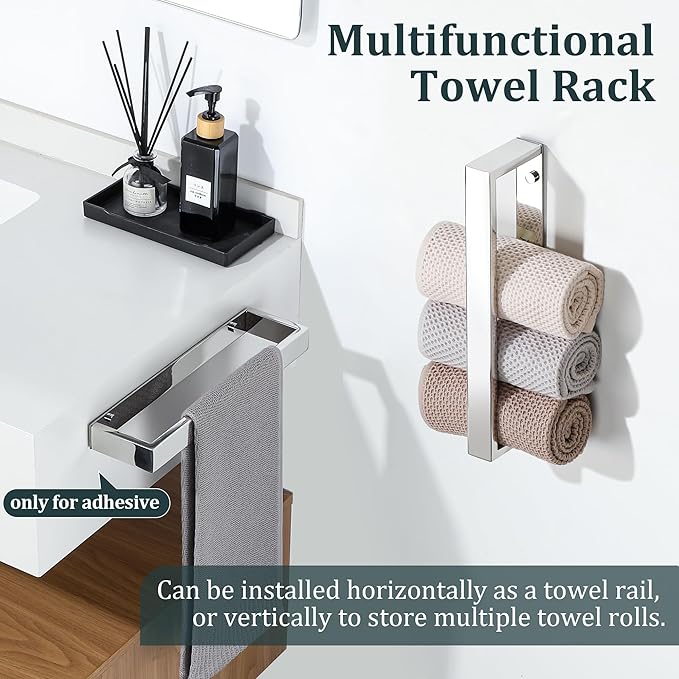 Sayayo Chrome Towel Bar for Bathroom, 12 Inch Hand Towel Holder Wall Mount, Screw or Self Adhesive Towel Ring Square SUS304 Stainless Steel, 3.2 Inch Wide