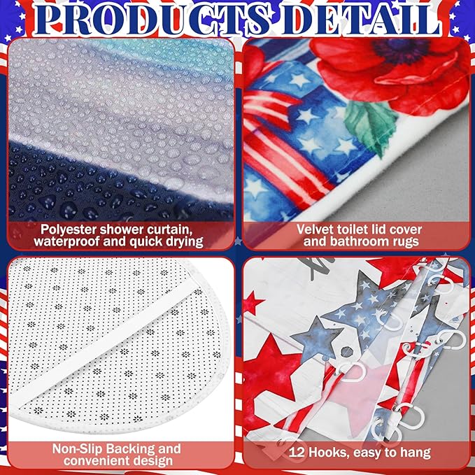 FuWeave 8 Pcs 4th of July Shower Curtain Set for Patriotic Bathroom Decor Include Red White and Blue Gnomes American Flag Shower Curtain Towels Non Slip Rugs Toilet Lid Cover Bath Mat and 12 Hooks