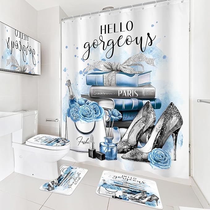 Cinbloo 4Pcs Girly Blue Shower Curtain Set, Silver Grey Fashion Women Bathroom Curtain with Rug, Toilet Lid Cover, Bath Mat, Flower Perfume Black White Striped High Heels Shower Curtain with 12 Hooks