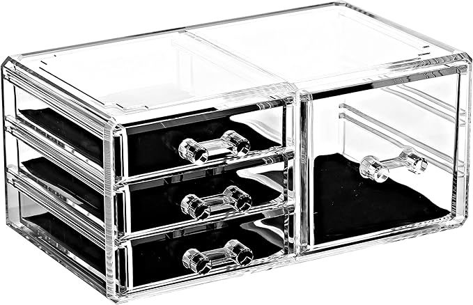 Ikee Design 5 Pcs Set Acrylic Makeup Organizer with 15 Drawers and Removable Top Lipstick Holders, Ideal for Make-up, Accessories,Enhance Your Vanity or Bathroom with Clear Design for Quick Visibility