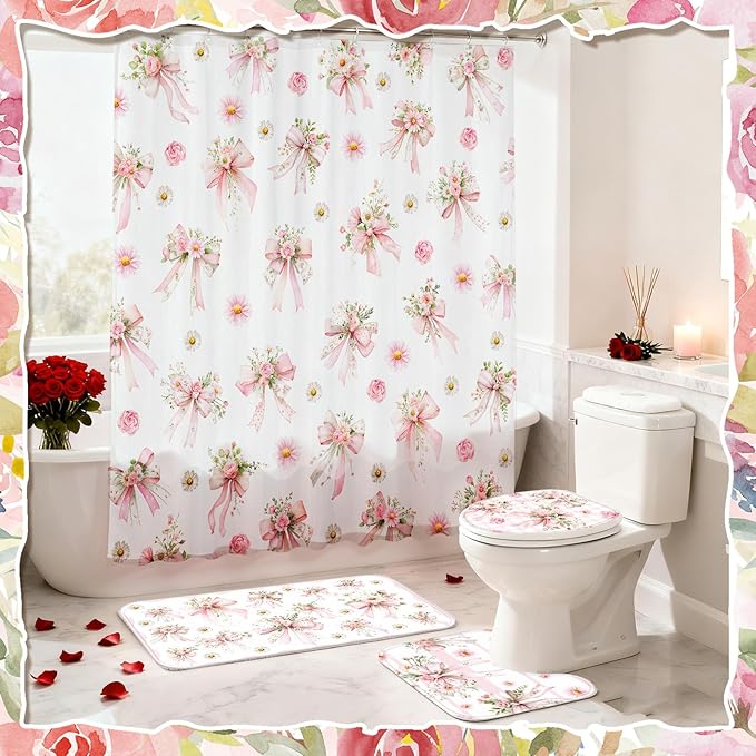 Tatuo 8 Pcs Pink Bow Daisy Shower Curtain Sets for Bathroom Decor Coquette Bathroom Accessories Daisy Rose Aesthetic Girly Shower Curtain Sets with Towels Carpet Bath Mat Toilet Rugs and 12 Hooks