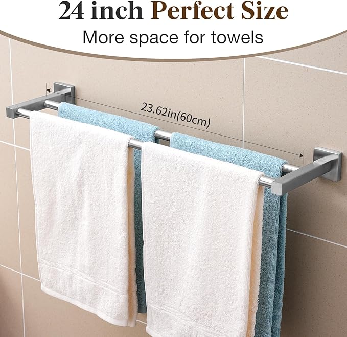 Double Towel Bar for Bathroom Wall, 24 Inch Double Towel Racks for Bathroom Wall Mounted, Heavy Duty Bathroom Towel Holder Stainless Steel Towel Rod, Brushed Nickel