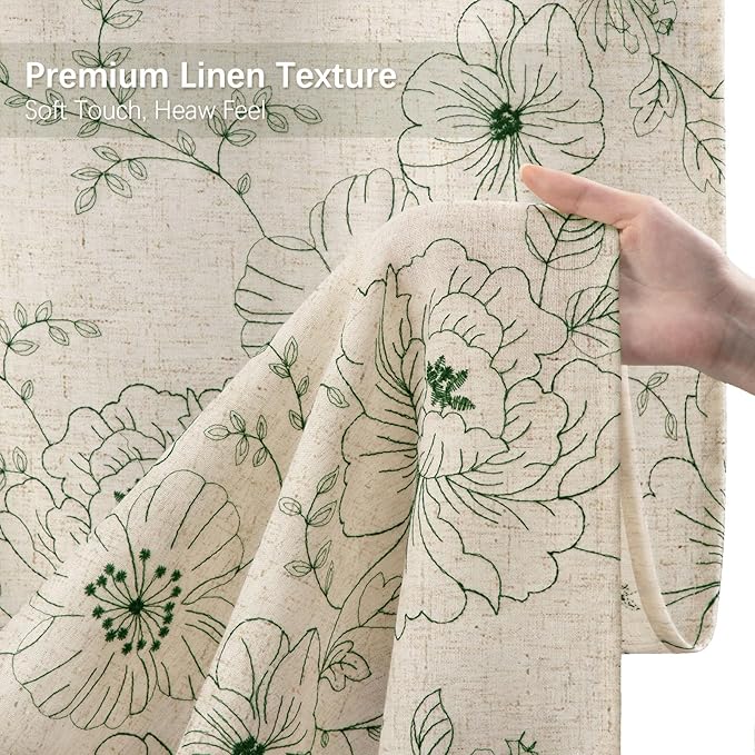Farmhouse Floral Linen Shower Curtain, Vintage Green Embroidered Pattern Rustic Shower Curtains for Bathroom, Tan Taupe,72x72