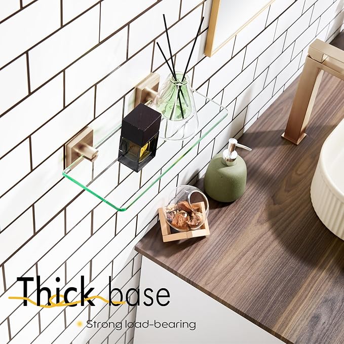 KOKOSIRI Glass Shelf for Bathrooms Kitchen Rack 12-Inch Floating Wall Shelves Shower Storage, 2 Pack Champagne Bronze Stainless Steel B1107CPG-L12-P2