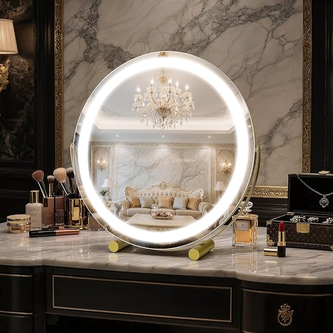 Vanity Mirror with Lights, 18" LED Makeup Mirror, HD Professional Mirror, Smart Touch with 3-Color Lighting, Dimmable, 360° Rotation, Lighted Up for Makeup Desk, Bedroom (Gold)