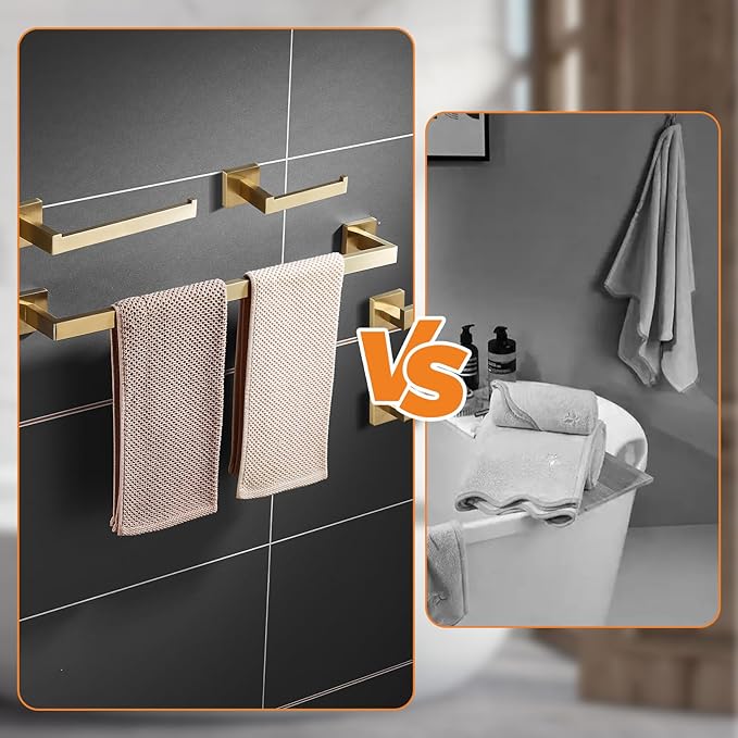 Bathroom Hardware Set 23.6-Inch Towel Bar,2pcs Towel Hook,Toilet Paper Holder,Hand Towel Holder Stainless Steel Brushed Gold Bathroom Accessories GTS3190BG…