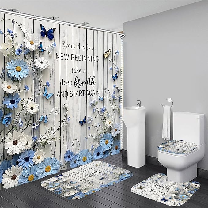 AZHM Blue Daisy Flower Shower Curtain Set 4pcs Rustic Daisy Floral Bathroom Set with Butterfly Accents with Inspirational Quotes Shower Curtain and Rugs