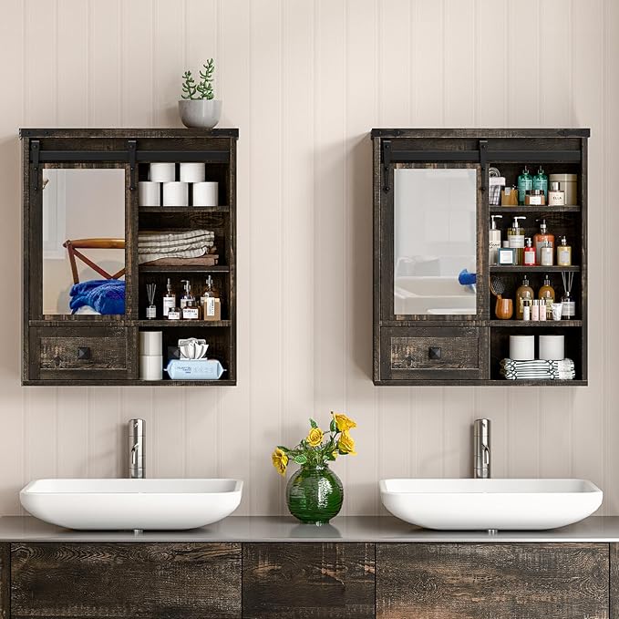 Bathroom Wall Cabinet, Farmhouse Medicine Cabinet with Sliding Mirror Door and Adjustable Shelves, Over The Toilet Space Saver Storage Cabinet with Towels Bar, Wall Mounted Cupboard