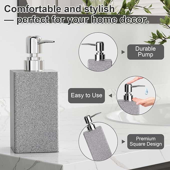 Gray Bathroom Accessories Set Resin 6PCS, Square Toothbrush Holders Set Complete with Soap Dispenser, Vanity Tray, Tumbler, Cups and Cotton Swab Jars for Counter, Sink or Small Spaces