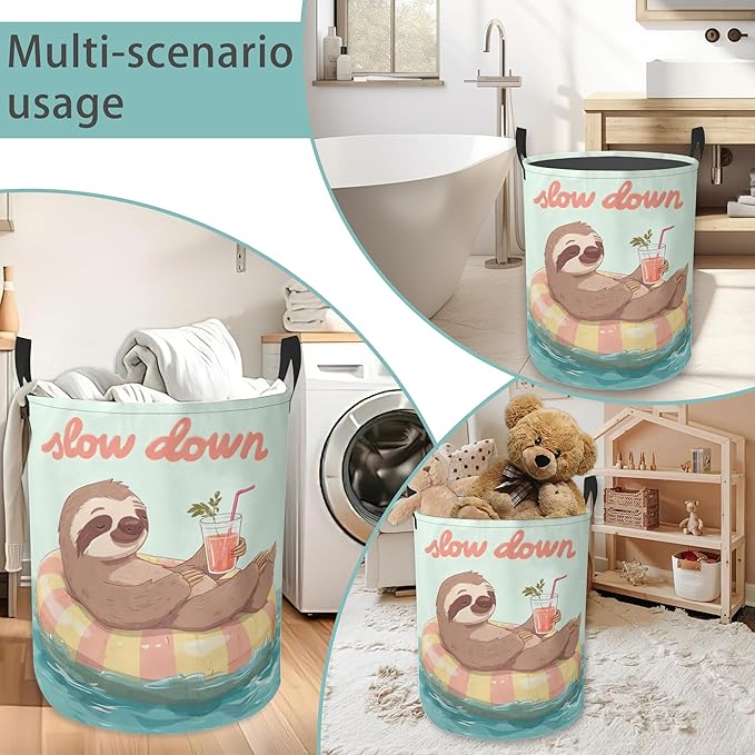 Sloth Round Laundry Hamper Storage Basket Toys Clothes Organizer Bin For Home Bathroom Bedroom Dorm Nursery