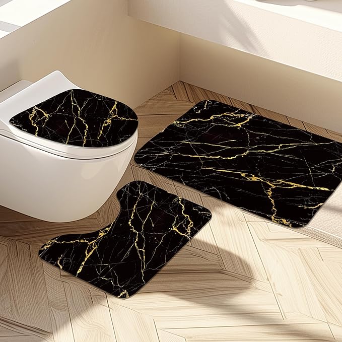 Newsely 4Pcs Black and Gold Marble Shower Curtain Set with Non-Slip Rugs, Toilet Lid Cover and Bath Mat, Abstract Crack Line Shower Curtain with 12 Hooks, Aesthetic Bath Curtain for Bathroom Decor