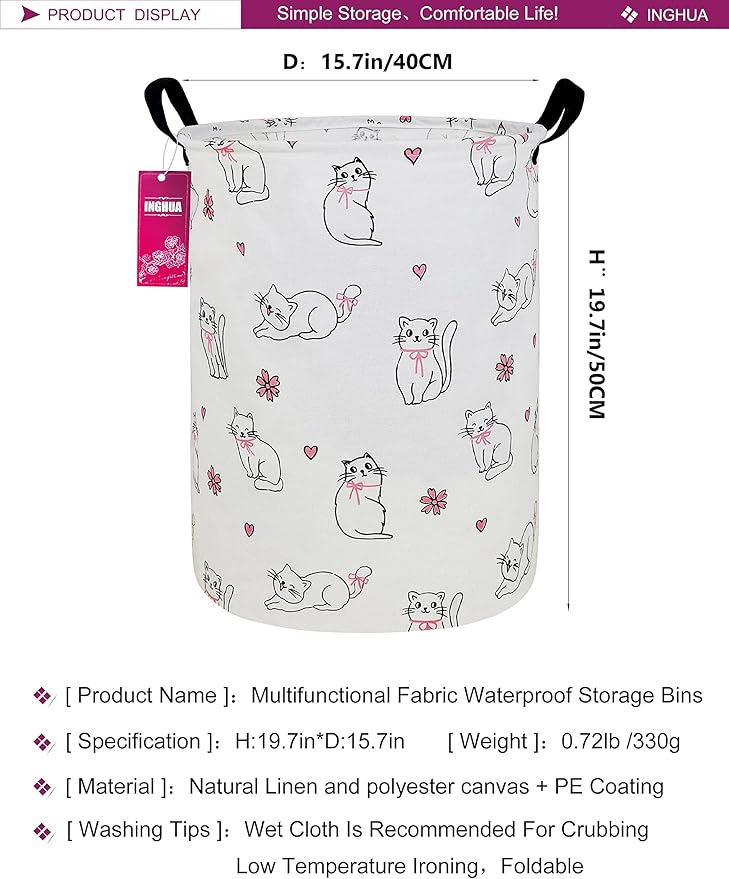 Laundry Hamper Large Canvas Fabric Lightweight Storage Basket/Toy Organizer/Dirty Clothes Collapsible Waterproof for College Dorms, Boys and Girls Bedroom,Bathroom(Love cat)