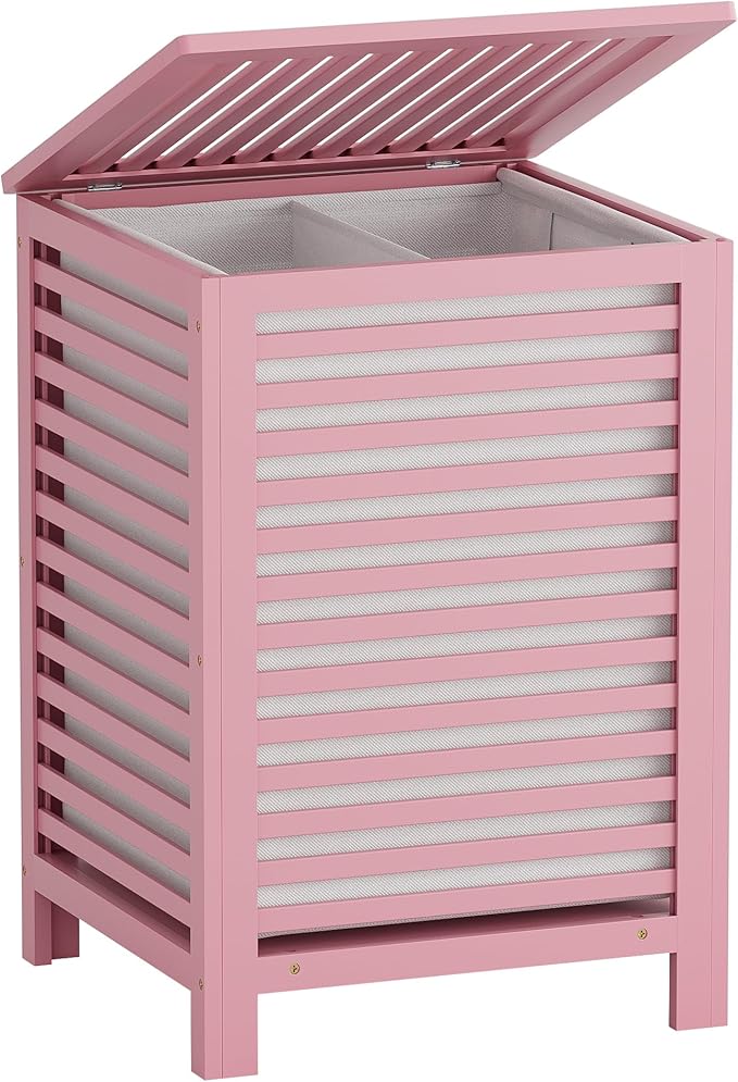 SMIBUY Double Laundry Hamper with Lid, 120L Bamboo Laundry Basket with Removable Liner Bag, 2-Section Clothes Divider Laundry Sorter for Laundry Room, Bathroom, Bedroom (Pink)