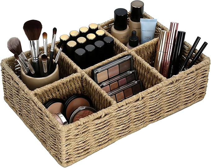 Makeup Organizer, Hand-woven Wicker Basket for Dresser and Bathroom Countertop Organizer, 6 Compartments Makeup Brush Holder Skincare Organizer, Cosmetic Storage for Lipstick Eyeshadow Palette