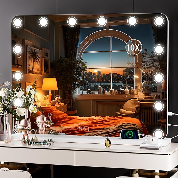 Hasipu Vanity Mirror with Lights, 32" x 24" Makeup Mirror, Light up Mirror with 14 Dimmable LED Lights and 10X Magnification, 3 Colors Modes, Touch Control, USB Charging Port, White (Round)