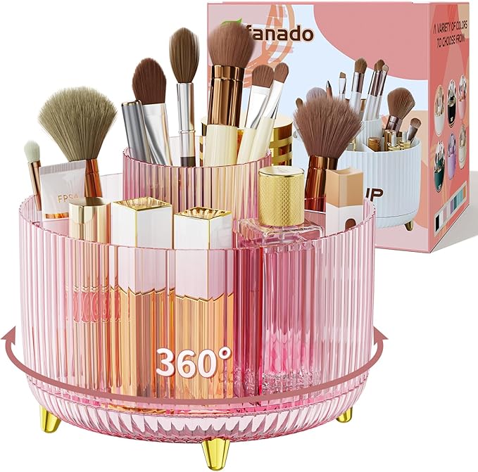 Clear Rotating Makeup Organizer Countertop for Vanity, 360?? Makeup Brush Holder Organizer with 5 Compartments, Transparent Cosmetic Storage for Lipstick, Skincare, Bathroom Counter (Transparent Pink)
