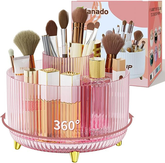 Clear Rotating Makeup Organizer Countertop for Vanity, 360?? Makeup Brush Holder Organizer with 5 Compartments, Transparent Cosmetic Storage for Lipstick, Skincare, Bathroom Counter (Transparent Pink)