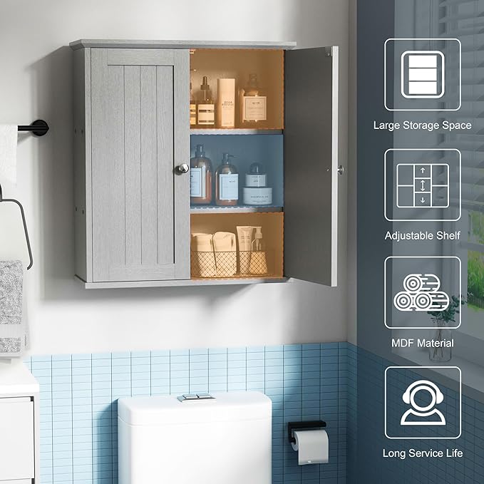 SUNLEI Bathroom Medicine Cabinet with 2 Doors, Bathroom Wall Cabinet with Storage, Space Saving Storage Cabinet with 3-Tier Shelves, Grey