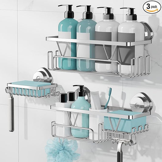 KEGII Suction Cup Shower Caddy – 3 Pack Suction Cup Shelf with Soap Holder & Hooks, Rustproof Stainless Steel Shower Organizer Rack, Removable No Drilling Bathroom Storage Rack, Silver