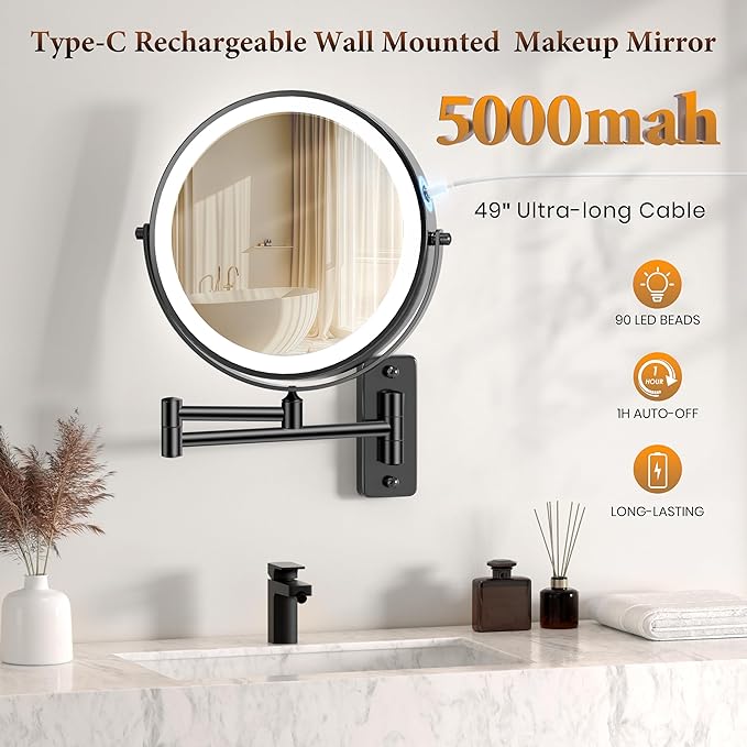 Magnifying Mirror with Lights 1X/20X, 9" Double Sided 5000mAh Rechargeable Wall Mounted Lighted Makeup Mirror, 3 Color LED Lights Dimmable, Wall Mount Mirror 17" arm for Bathroom, Black Brushed Nickel