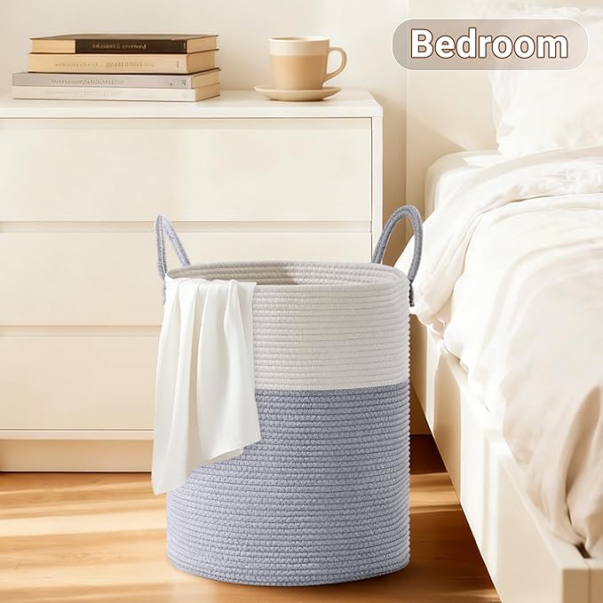 Tall Laundry Basket with Handles, 100L Portable Dirty Clothes Hamper, Boho Cotton Rope Storage Bin for Blankets Kids Toys Gifts, Extra Large Organizer for Baby Nursery Bedroom Bathroom, Grey