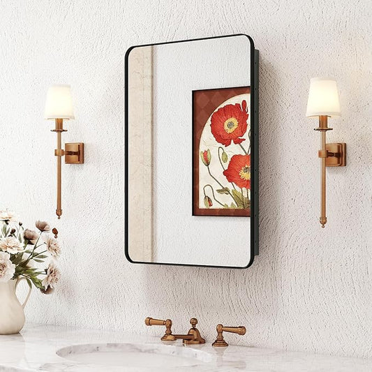 Medicine Cabinet with Mirror, 16x24 Fully Assembled Recessed or Wall-Mounted Bathroom Mirrored Cabinet with Adjustable Storage Shelves for Vanity, Metal, Black