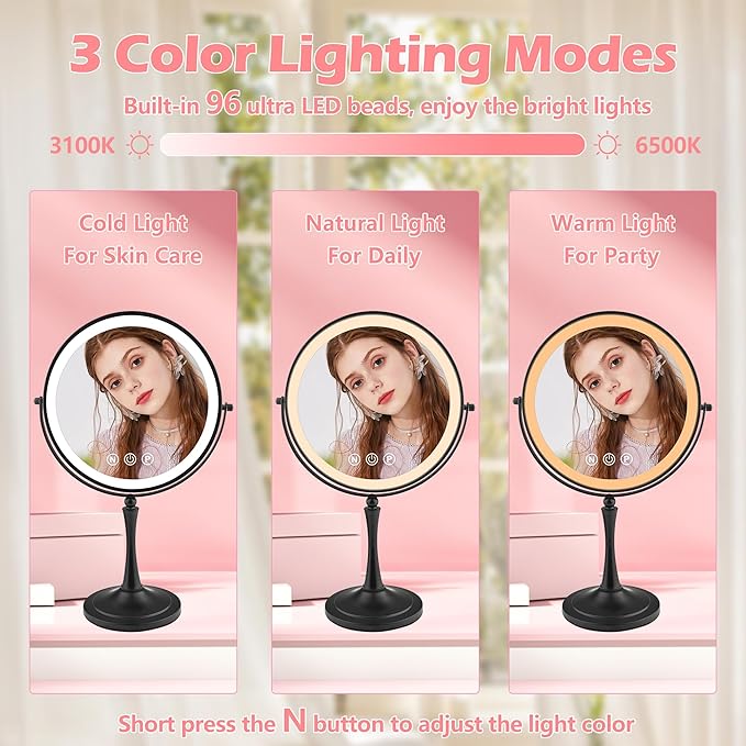 10" Large Lighted Makeup Mirror - Double Sided Vanity Mirror with 1X/10X Magnification & 3 Color LED Dimmable Lights
