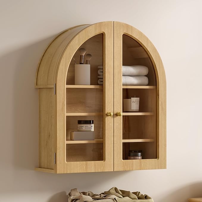 EYYTHUNG Modern Arched Wall Cabinet, Large Bathroom Medicine Wall Mounted Cupboard, Farmhouse Floating Storage Cabinet with Acrylic Door Adjustable Shelf, Wood Organizer (Natural Oak)
