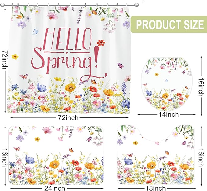 FUTBU Spring Shower Curtain Set for Bathroom, Blooming Flowers Bathroom Supplies for Spring Accessories Decor Set, Non Slip Rugs Toilet Lid Cover U Shape Bath Mat and 12 Hooks
