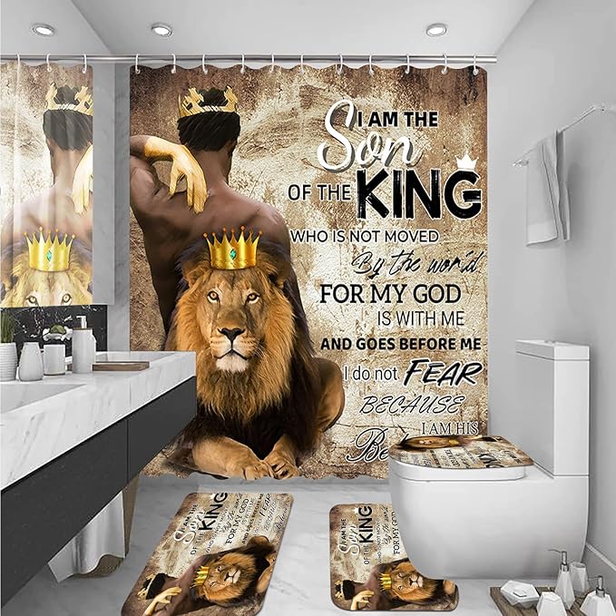 4Pcs Lion King Shower Curtain Set, Inspirational Black Man Bathroom Decor Shower Curtains and Rugs Toilet Lid Cover Bath Mat, Waterproof Africa American Halloween Shower Curtain for Man