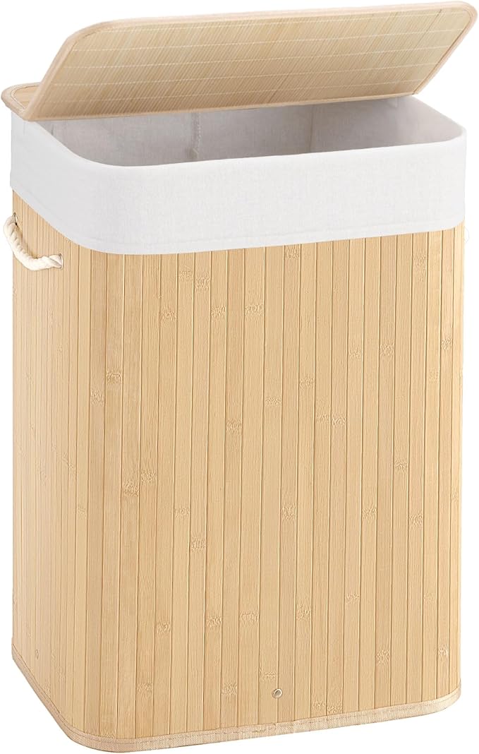 Aliphon 72L Slim Laundry Hamper with Lid, Foldable Bamboo Clothes Laundry Basket with Handles, Removable and Machine Washable Liner, for Bedroom, Bathroom, Dorm, Natural Beige