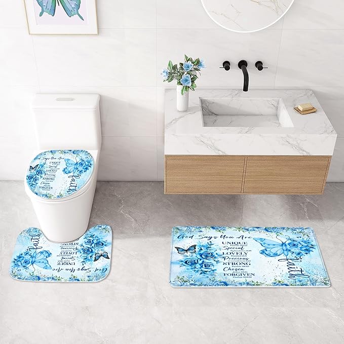 Litabel 4 Pcs Blue Butterfly Inspirational Quotes Shower Curtain Set with Rugs and Toilet Lid Cover, Colorful Boho Waterproof Fabric Bathroom Set, Bible Verse Floral Bathroom Decor Set Accessories
