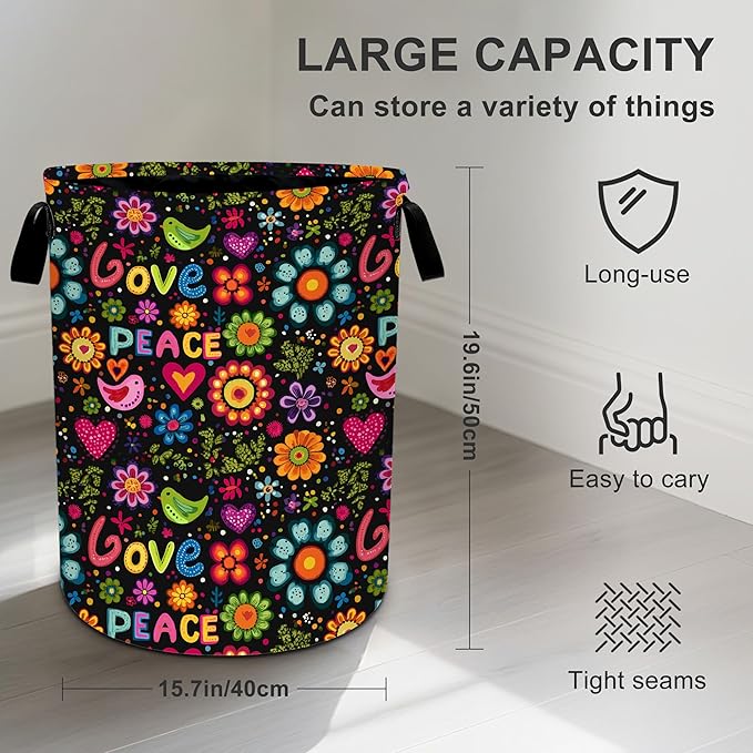 Peace Laundry Basket Storage Bin Foldable Laundry Hamper Clothes Storage Bucket Organizer 19.6x15.7 Inch For Laundry Room/Bedroom/Bathroom