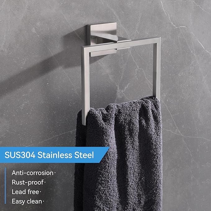 LANC Hand Towel Holder for Bathroom Wall Mount Brushed Nickel Square Hand Towel Rings 2PC Towel Ring for Toilet Bathroom Hardware Accessories Stainless Steel Modern Shower Towel Hanger, A8896BN-P2