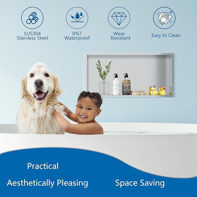 Neodrain Shower Niche, Insert Bathroom Storage Shower Shelf, Stainless Steel Recessed Wall Niche No Tiled Recessed Cabinet Waterproof for Shower Storage(Brushed,24"x12")