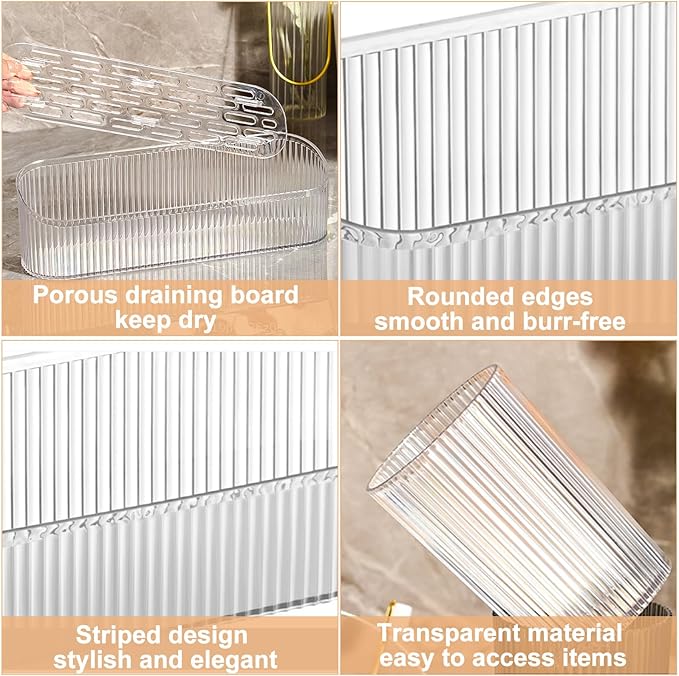 DASITON Makeup Brush Holder Organizer with 4 Cup, Vintage Striped Make Up Brush Holder for Vanity, Bathroom Toothbrush Holders, Acrylic Cosmetic Brushes Storage Organizer Pen Holder (Clear+Multicolor)