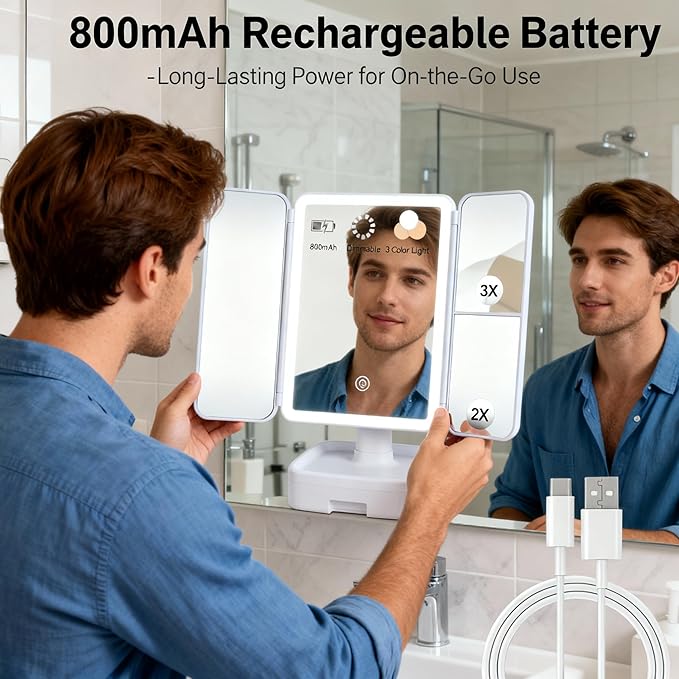 Makeup Mirror with LED Light, 1X/2X/3X Magnification, Rechargeable Vanity with Storage Box, Touch Control 3-Color Lighting, Portable Trifold Mirror, Gift for Her(White)