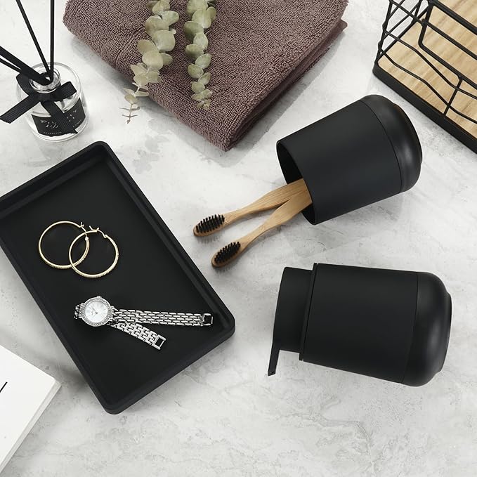 GAHEFY Black Bathroom Countertop Accessories Set - Soap Dispenser and Toothbrush Holder with Silicone Boot,Vanity Tray (Black Liquid)