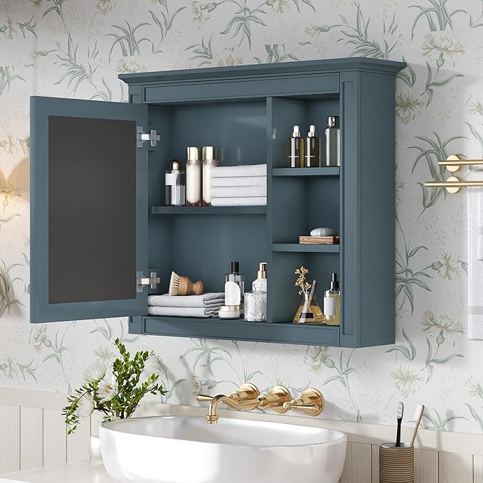 Merax Bathroom Medicine Cabinet with Mirror, 30" x 28" Wall Mounted Medicine Cabinet with Single Door and Shelves, Over The Toilet Mirrored Bathroom Storage Wall Cabinet
