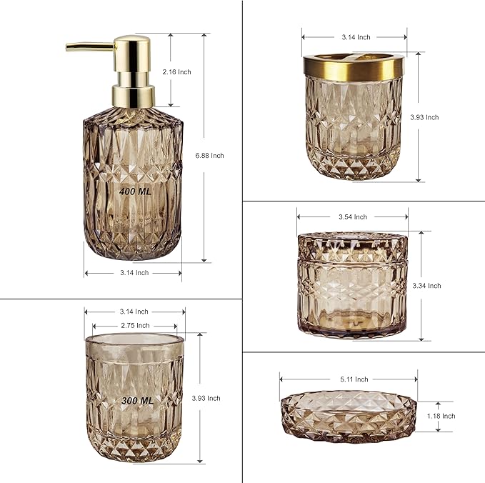 LaMarriti Brown Bathroom Accessories Set, 5Pcs Glass Bathroom Set, Lotion Soap Dispenser, Toothbrush Holder, Soap Dish, Qtips Holder, Tumbler for Crystal Vintage Bathroom Decor, Gift Set