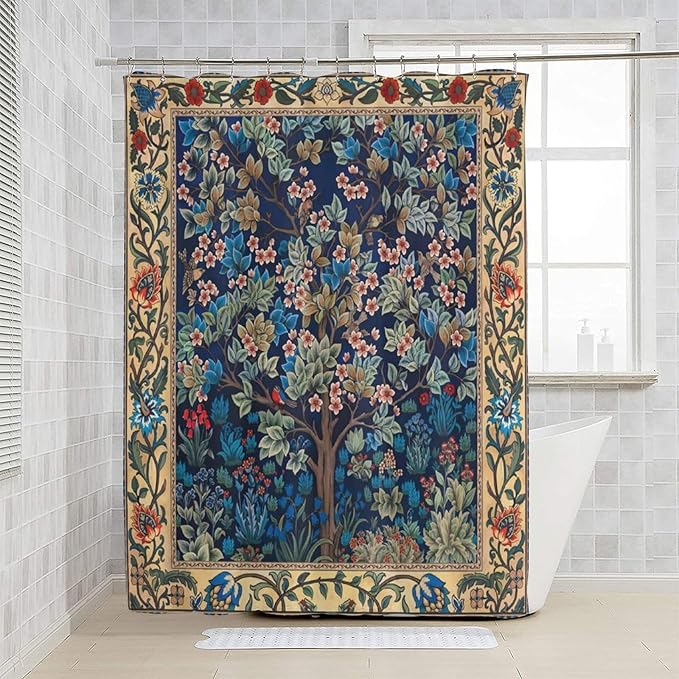 Boho Shower Curtains William Morris Art Retro Design Flower Trees Pattern Printed Shower Curtains 66""×72"" Inch, Style