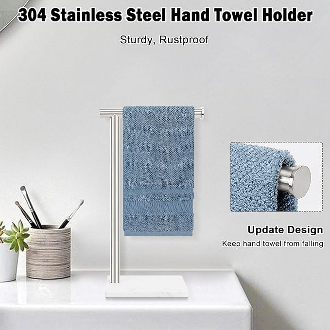 Standing Hand Towel Holder with Marble Base, 304 Stainless Steel Towel Rack, Countertop Stand Towel Ring for Bathroom (Brushed Nickel)