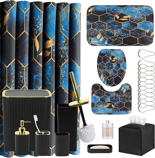 Bathroom Accessory Set with Blue Shower Curtain and Rugs 24Pcs, Black Bathroom Set - Trash Can, Soap Dispenser, Soap Dish, Toilet Brush, Toothbrush Holder, Toothbrush Cup, Toilet Lid Cover